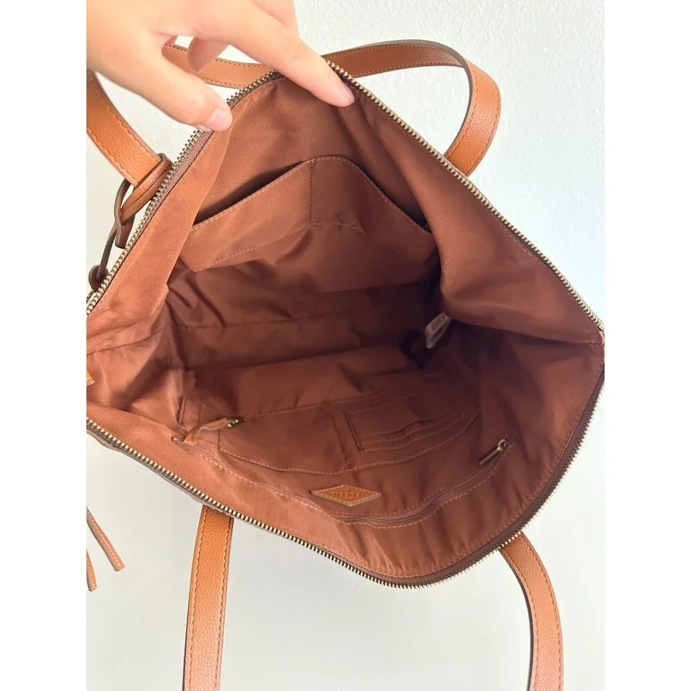 Fossil Sydney Signature Large Tote Bag Shoulder Purse Geometric Brown Top Handle